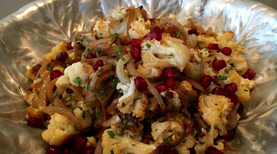 Roasted Cauliflower with Carmelized Onions and Pomegranate