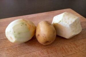 peeled celery root, rutabagas & Yukon Gold potatoes