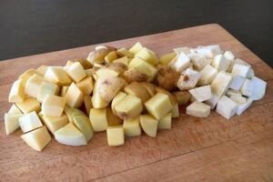 chopped celery root, rutabagas & Yukon Gold potatoes